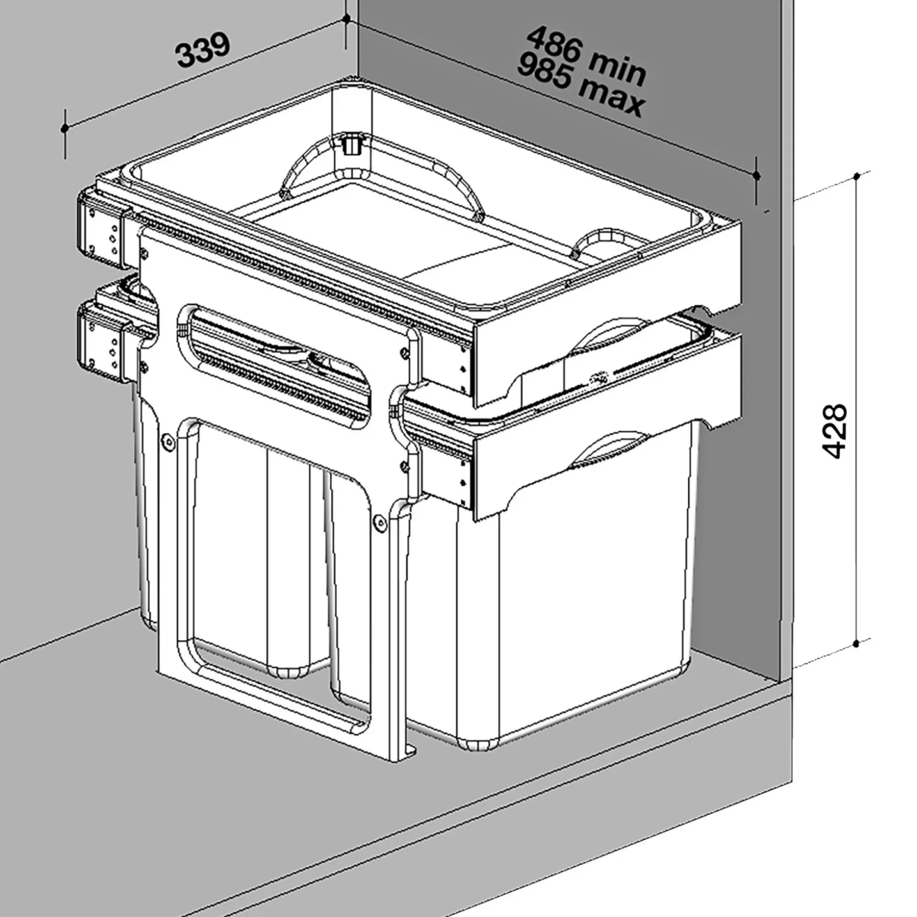 JUVEL TANK40-3 AFFALDSSORTERING GRÅ. BEHOLDERE I 3 FARVER 1X16L, 2X8L