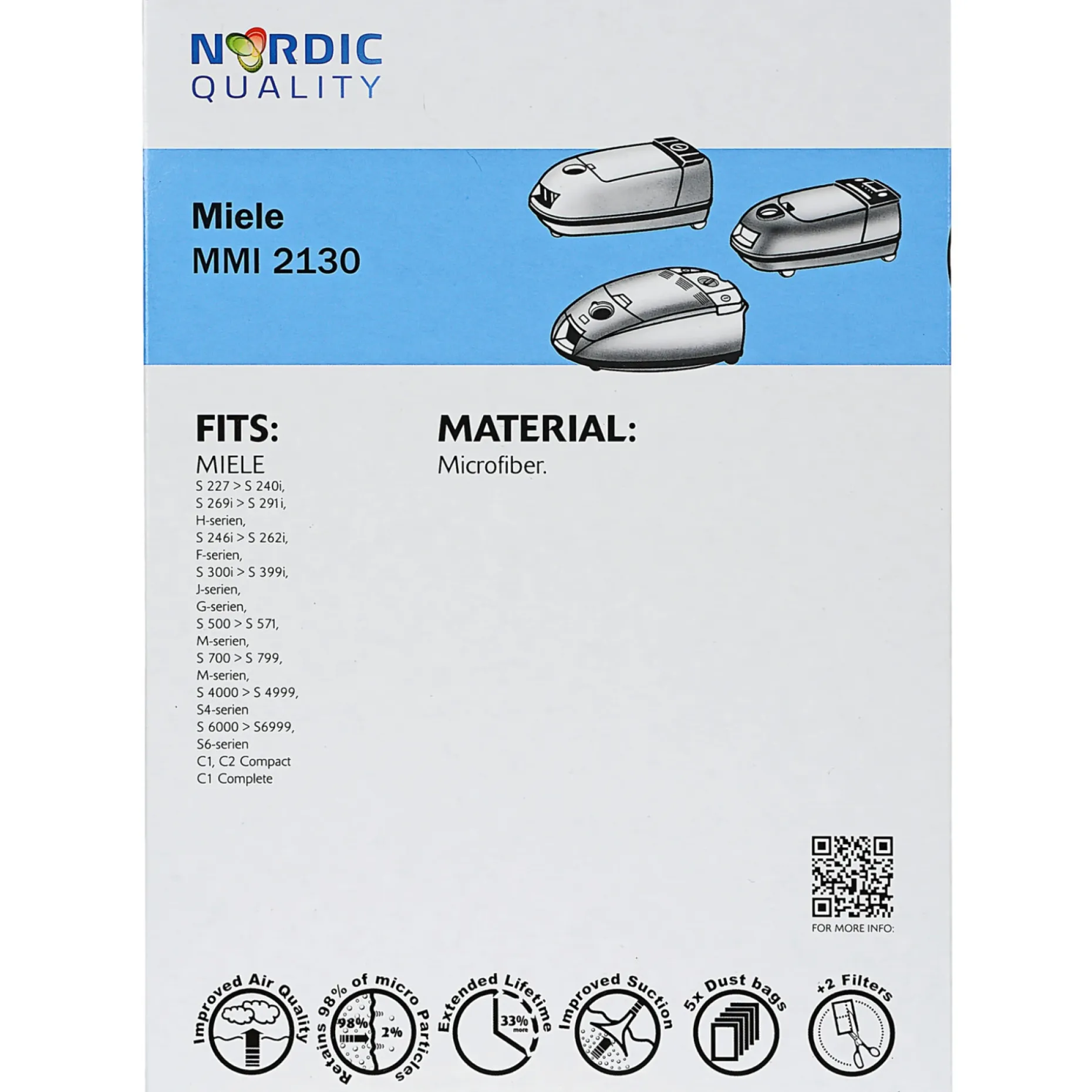 NORDIC QUALITY MMI 2130 STØVSUGERPOSE 5 STK. + 2 FILTRE