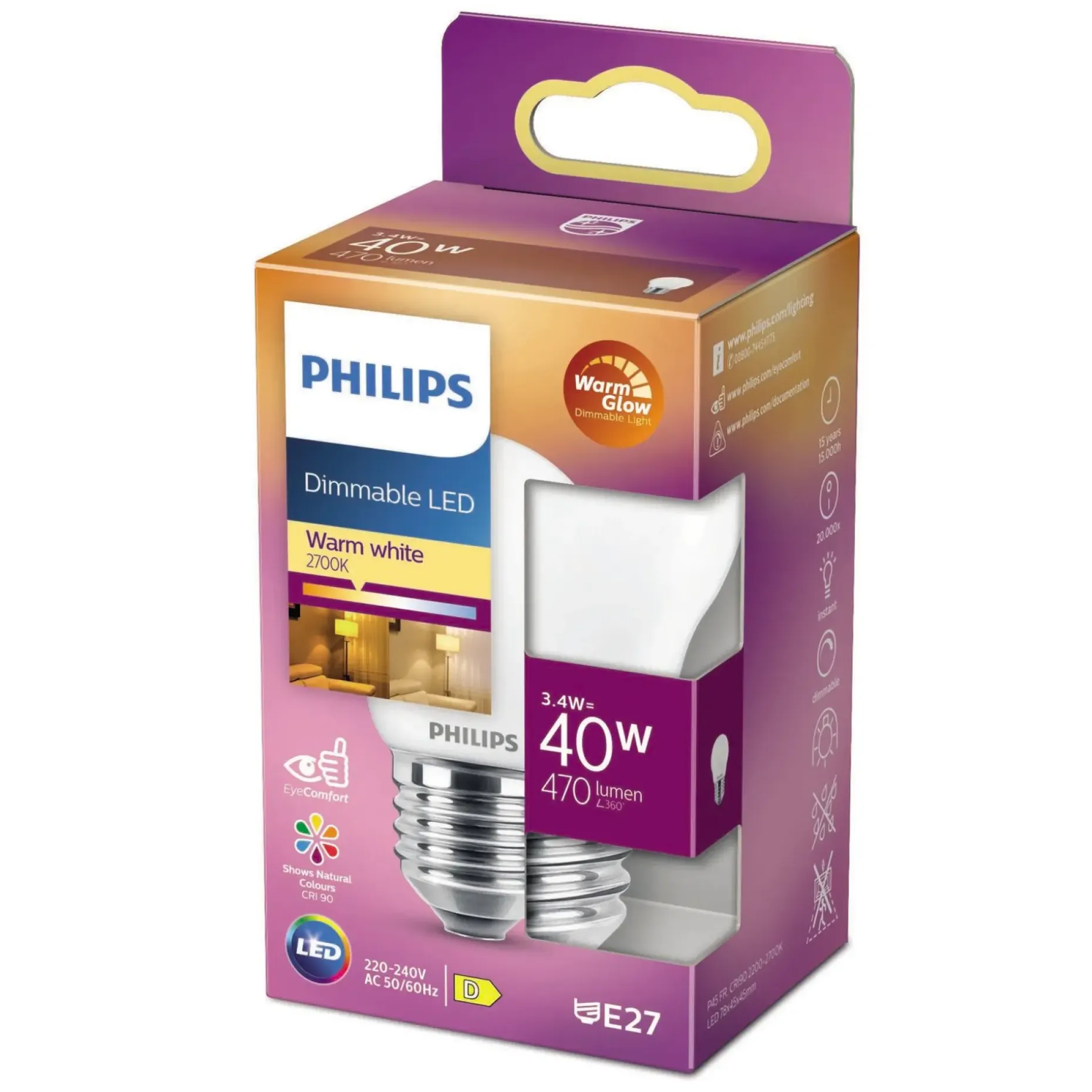 PHILIPS LED PÆRE KRONE E27 3W
