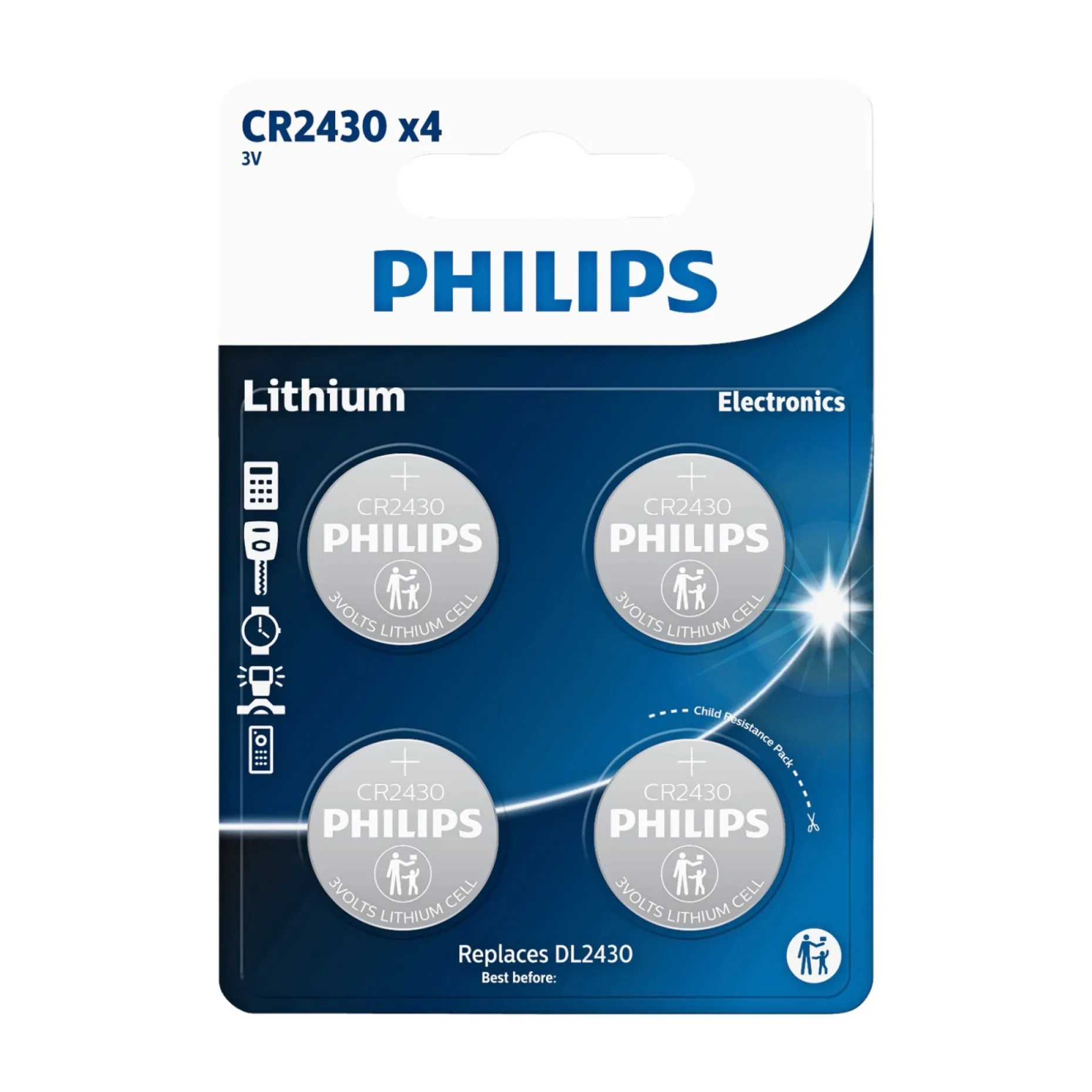 PHILIPS LITIUM CR2430 KNAPCELLE BATTERI 4 STK/PK