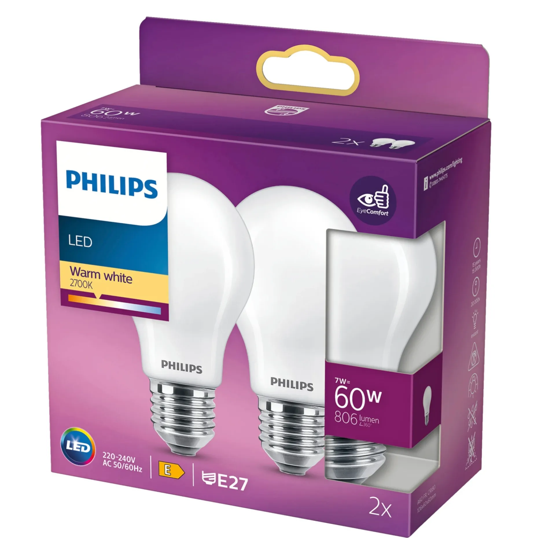 PHILIPS 2-PAK LED PÆRE STANDARD E27 7W
