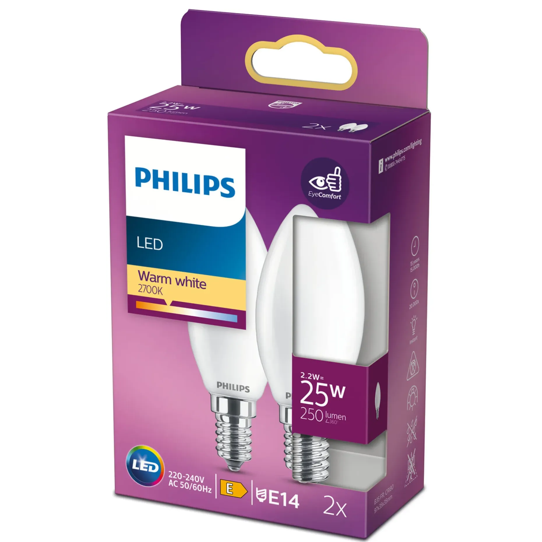 PHILIPS 2-PAK MAT LED PÆRE KERTE E14 2W