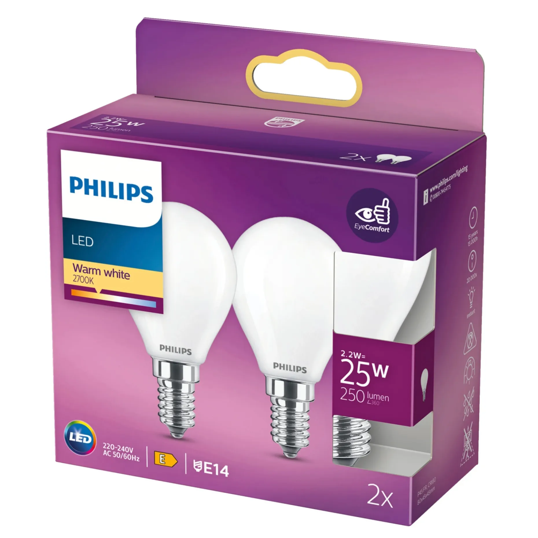 PHILIPS 2-PAK MAT LED PÆRE KRONE E14 2W