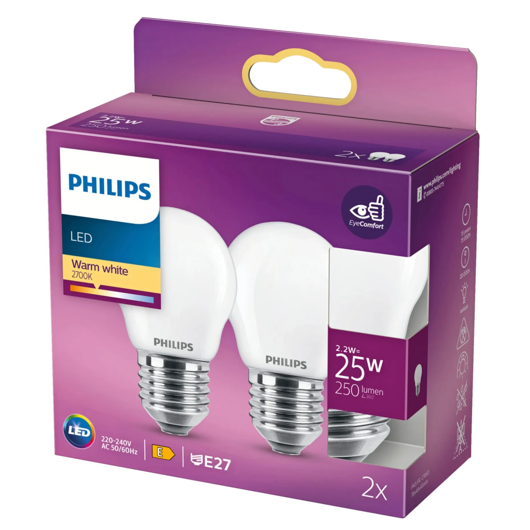 PHILIPS 2-PAK MAT LED PÆRE KRONE E27 2W