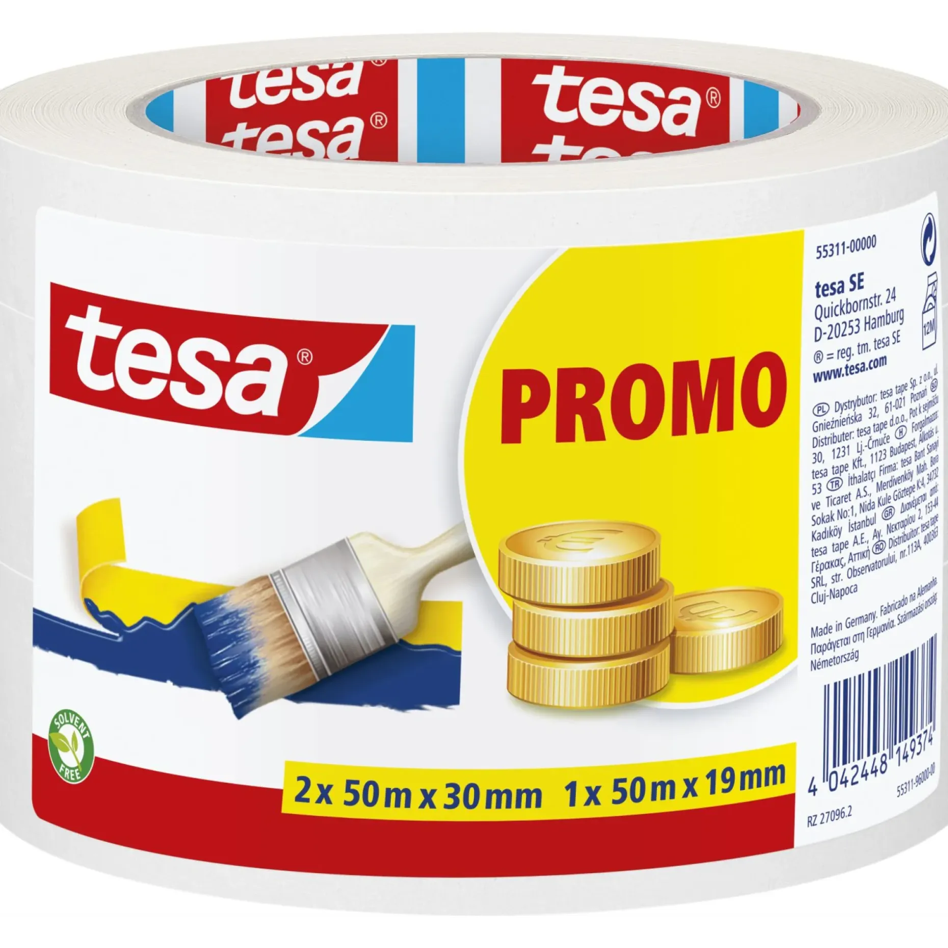 TESA BASIC 3-PAK AFDÆKNINGSTAPE 2 X 30 MM OG 1 X 19 MM HVID