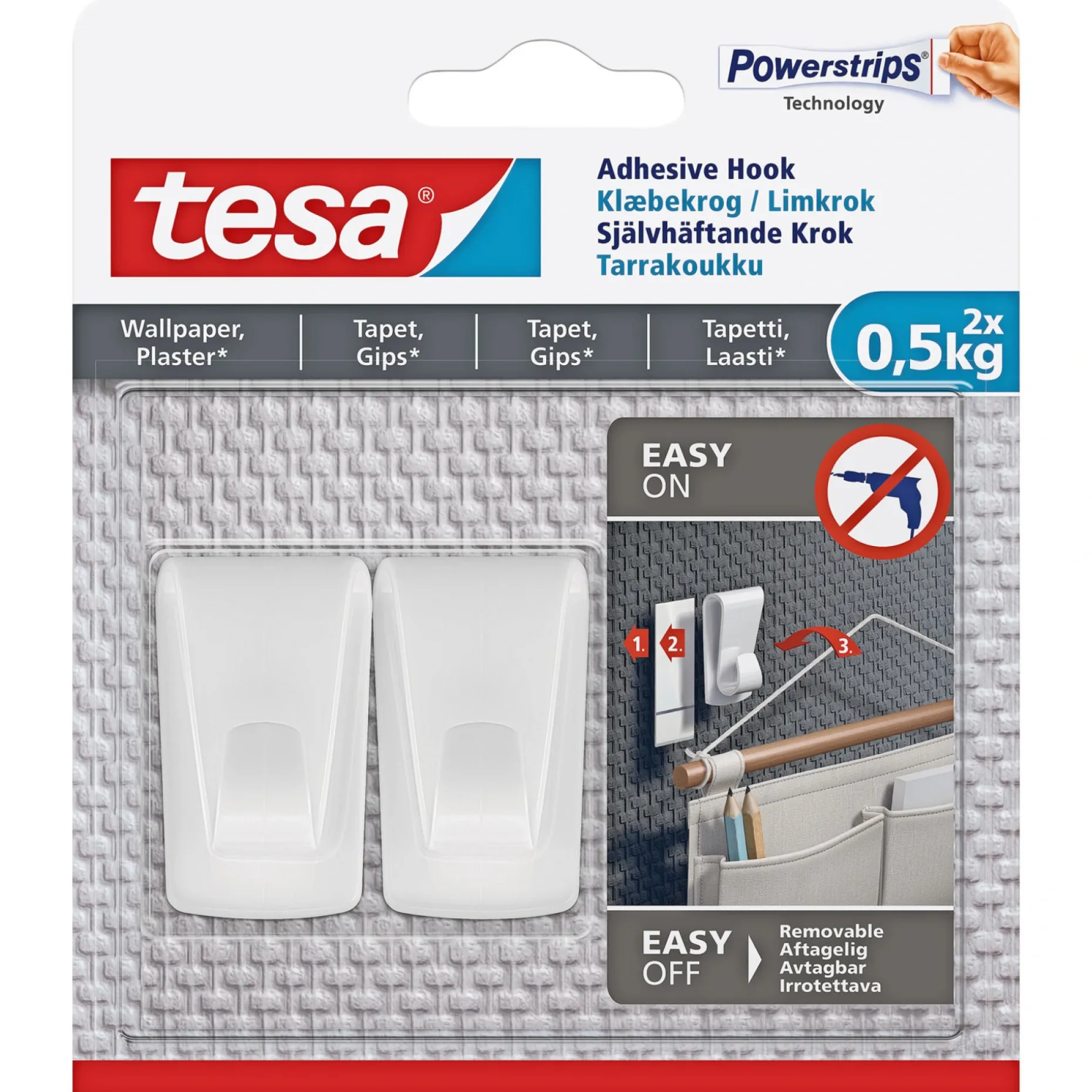 TESA DET SMARTE OPHÆNGNINGSSYSTEM KROG 0,5 KG TAPET OG MALEDE OVERFLADER 2 STK