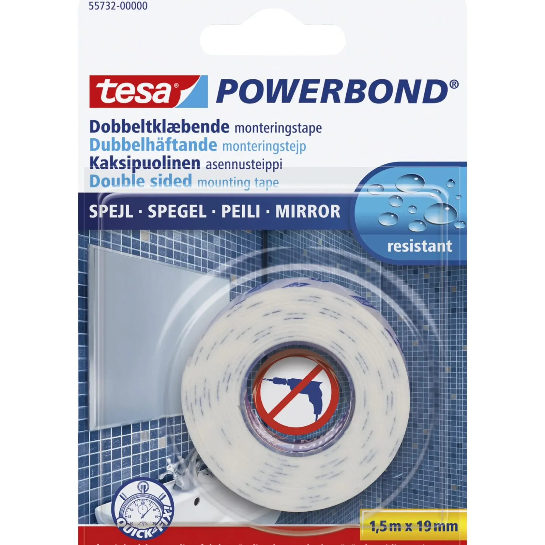 TESA POWERBOND DOBBELT KLÆBENDE SPEJLTAPE 1,50 M X 19 MM HVID