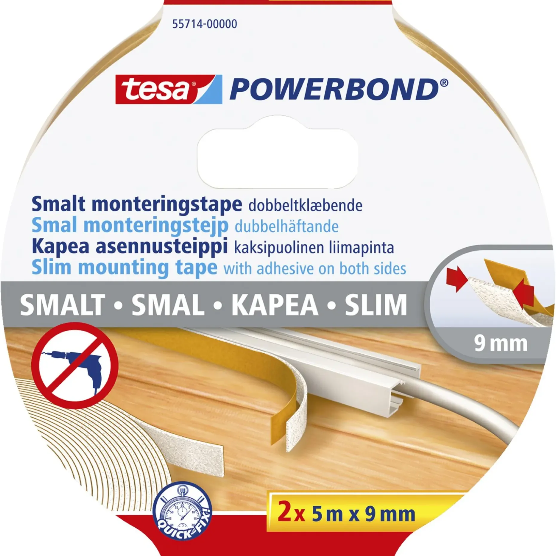 TESA POWERBOND SLIM DOBBELTKLÆBENDE TAPE 5 M X 9 MM HVID