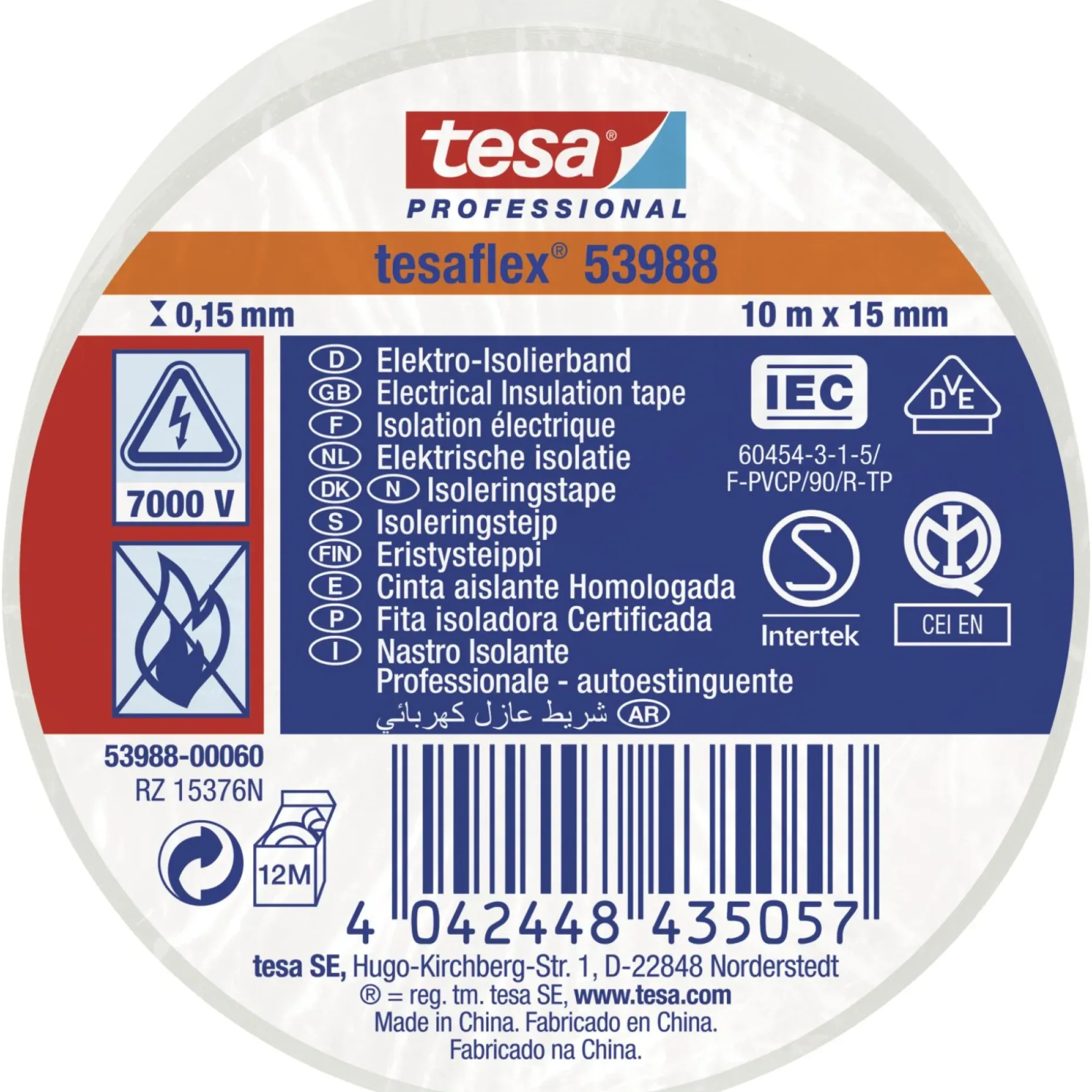 TESA TESAFLEX 53988 ISOLERINGSTAPE 10 M X 15 MM HVID