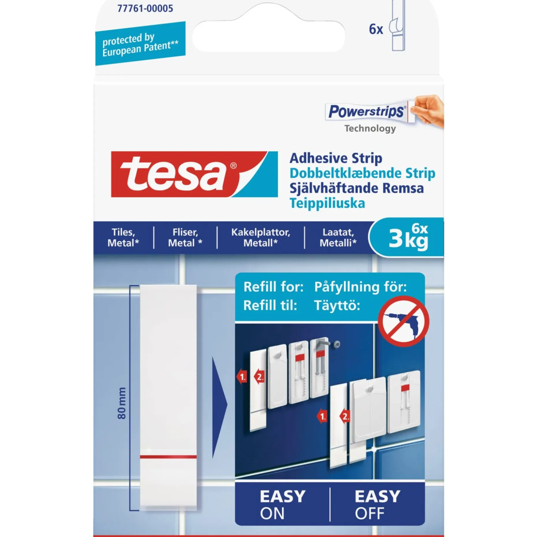 TESA TIL GLATTE OVERFLADER DOBBELTKLÆBENDE STRIPS 3 KG 6 STK